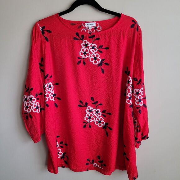 Kindred Tops - Kindred Womens Blouse Plus Size 2x Red White Blue Flowers Crepe Textured America